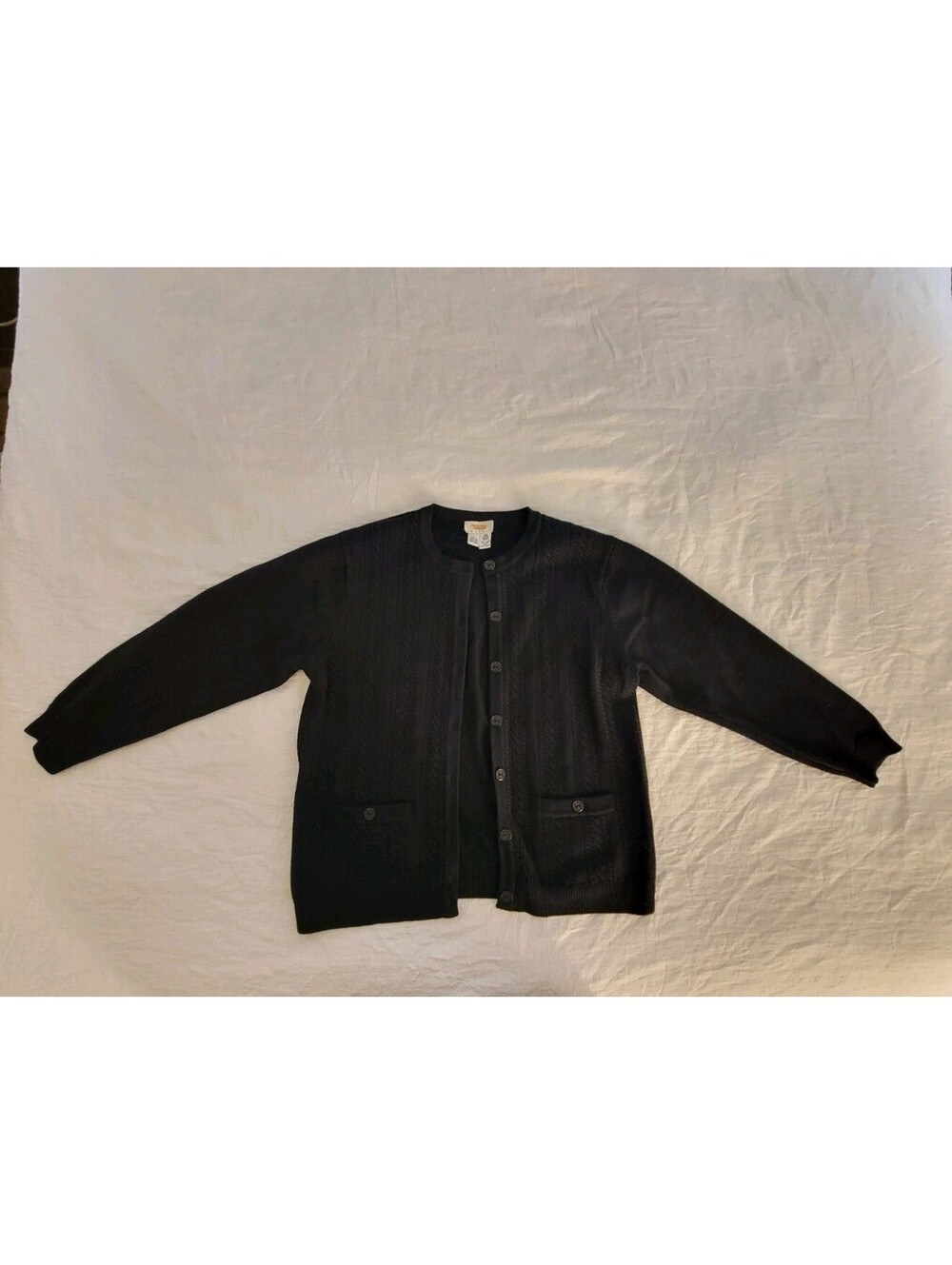 Vintage Talbots Petites 100% Pure New Wool Cardigan Sweater Black Cable Knit L